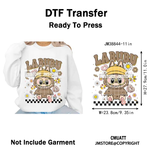 Floral Cute Checkered Cartoon Monster Character Iron on DTF Washable Transfers Stickers Designs Ready to Press for Textile Bags