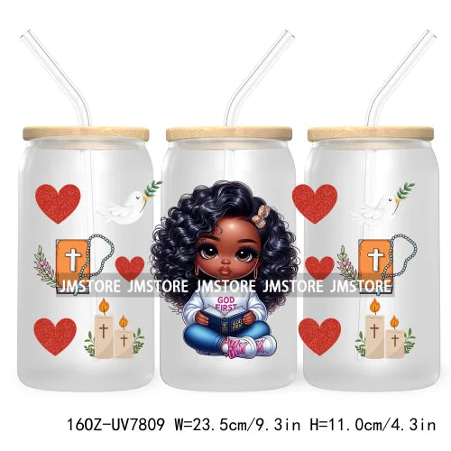 Cute Black Afro Girls 16OZ UV DTF Cup Wrap Transfer Stickers For Libbey Glass Can Cups Tumbler Waterproof Labels Christian Cross