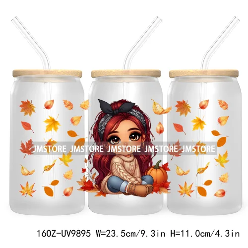 Mexican Latina Chibi Autumn Baby Girl UV DTF Sticker For 16OZ Libbey Glass Cup Can Wrap Transfer Stickers Custom Labels DIY Logo