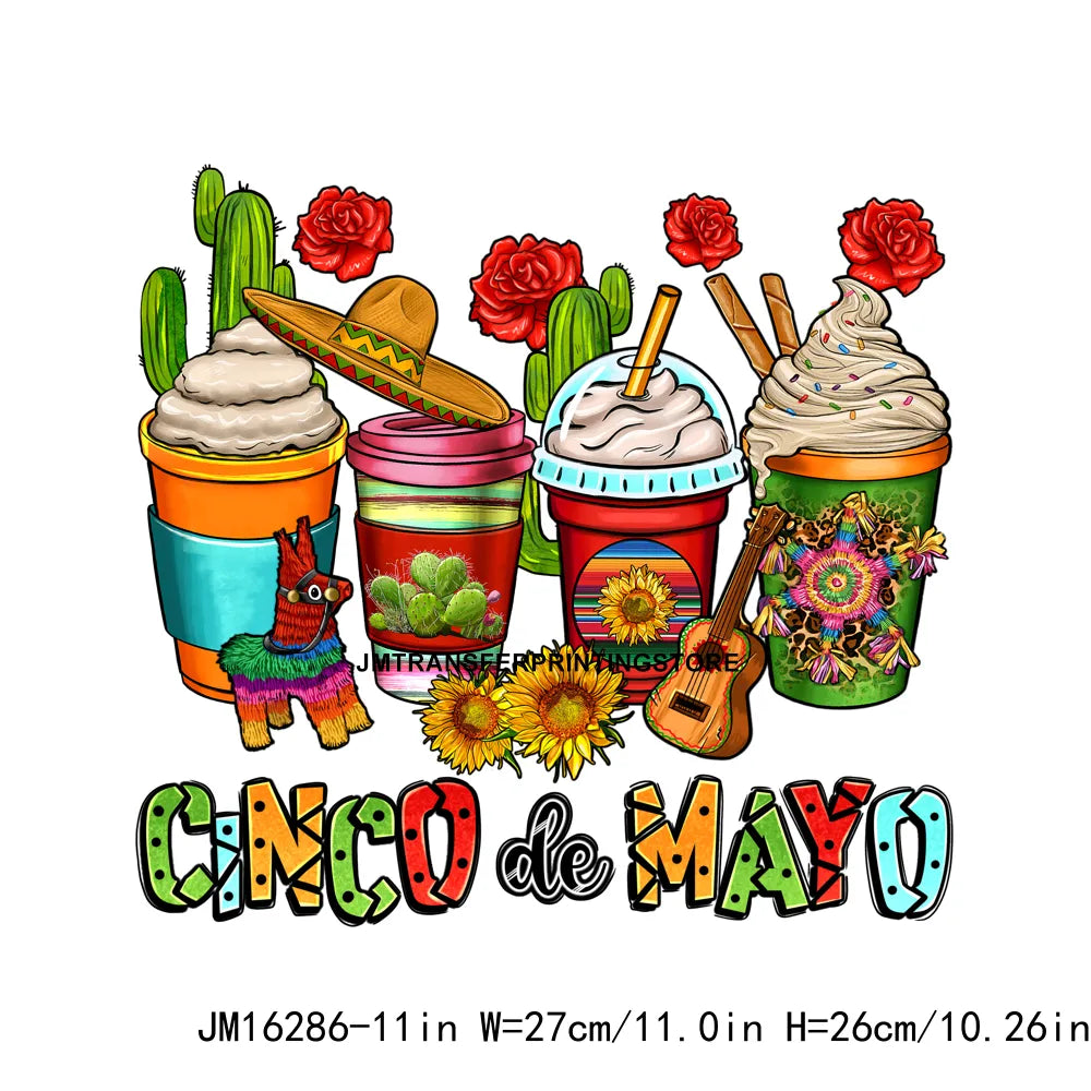 Peace Love Cafecito Cinco De Mayo Printing Decals Mexico Festival Culture Coffee Cup DTF Transfer Ready To Press For Bag Hoodies