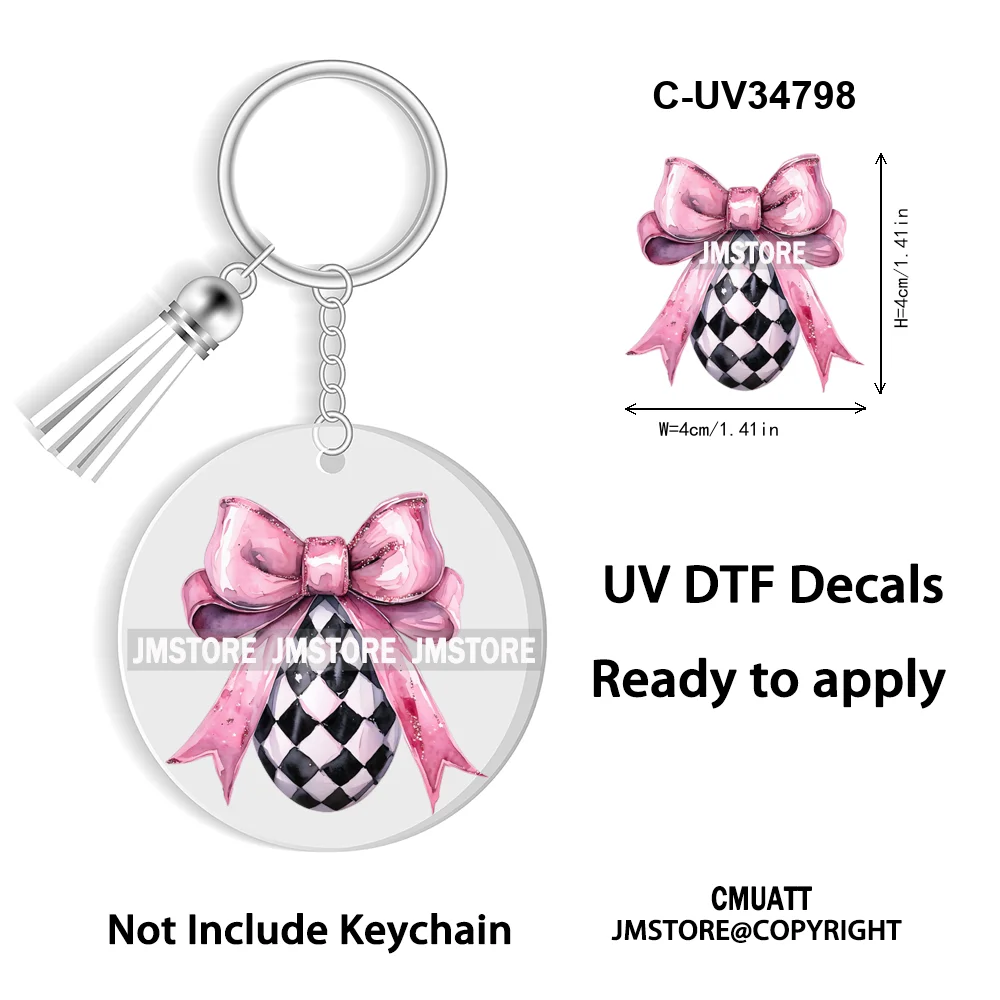 Faux Sequin Glitter Happy Easter Bow Retro Easter Bunny Blowing Bubble UV DTF Stickers for Round Circle Acrylic Keychain Keyring