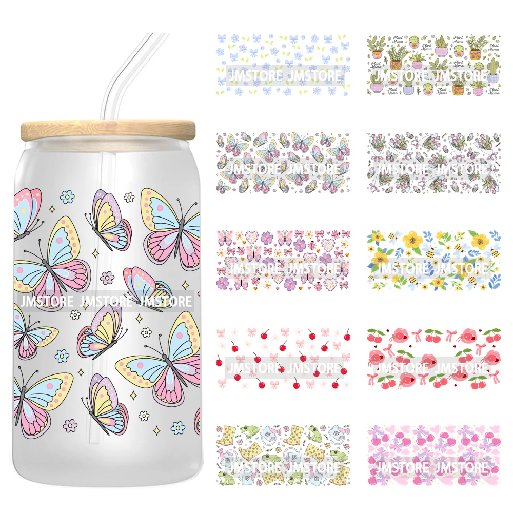 Butterfly Spring Flowers Coquette 16OZ UV DTF Cup Wraps Ready To Apply Waterproof Transfer Stickers For Libbey Glass Can Tumbler