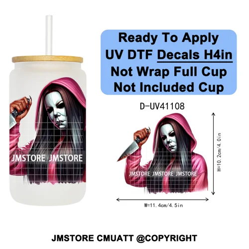Scary Movie Character Afro Girls Halloween UV DTF Transfer Stickers Decals Ready To Apply Waterproof For 16OZ Libbey Glass Can