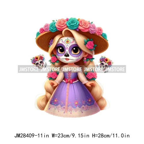 Washable Day Of The Dead La Catrina Dolls Designs Cartoon Princess Hispanic Girly Iron On DTF Transfers Stickers For Hoodies