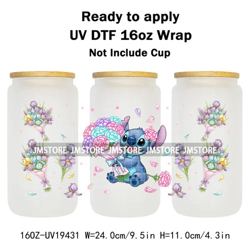 Cartoon Holding Bouquet Flowers UV DTF Cup Wrap Ready To Apply Transfer Stickers Durable 16OZ Tumbler Wraps For Libbey Glass Can