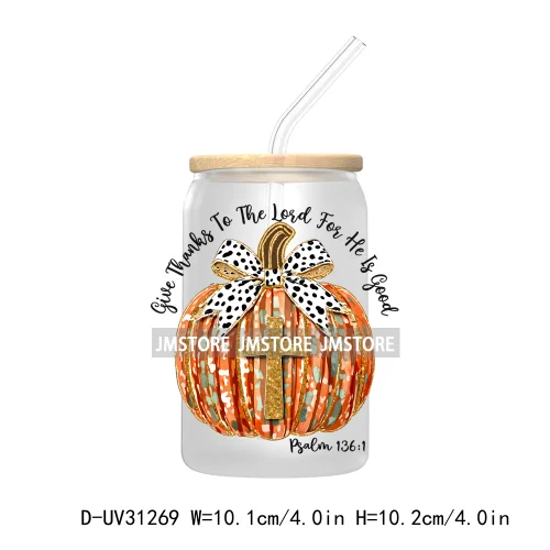 Thanksgiving Pumpkin Fall Bible Verse UV Sticker Decal For Libbey Cold Cup Mug Tumbler Transfer Sticker Coquette Bow Jesus Cross