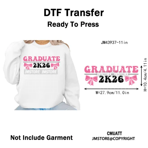 College Mega Senior 2K26 Coquette Class of 2026 Iron on Washable DTF Heat Transfers Stickers Ready to Press for Textiles Bags