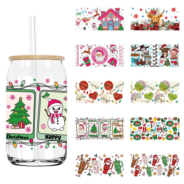 Merry Christmas Happy New Year 16OZ UV DTF Cup Wrap Transfer Stickers Custom Labels DIY Durable Waterproof Logo For Libbey Glass