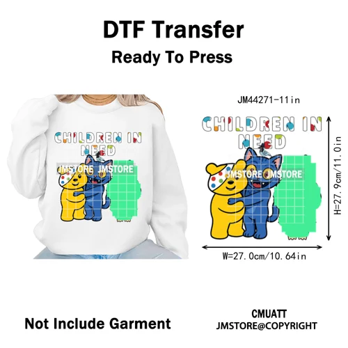 Cute Cartoon Bear Children in Need Charity Raising Kids Iron on Washable DTF Heat Transfers Stickers Ready to Press for Textiles