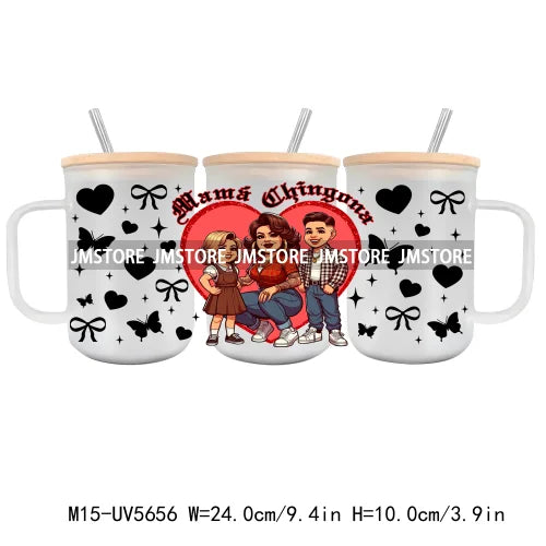 Chingona Chicano Mom UV DTF Glass Can Wrap For 15OZ Mug Coffee Cup Transfer Stickers DIY Custom Logo Labels Chibi Latina Mama