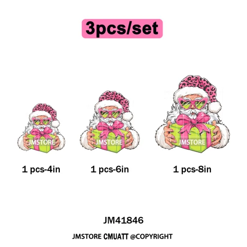 Pink Cartoon Glasses Coffee Drink Leopard Blowing Santa Claus Christmas Iron on DTF Transfer Stickers Ready to Press for T-shirt