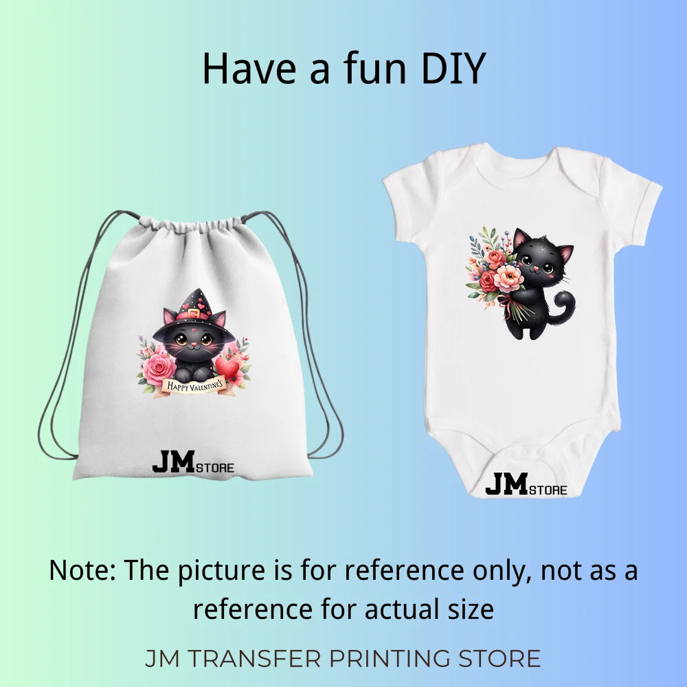 15cm 5.9in Kids Cute Flower Heart Love Valentine Black Cat Iron On Heat Transfer Sticker For Clothes Print Vinyl Washable Decal