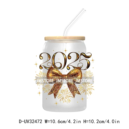 Retro Happy New Year 2025 Coquette Bow UV DTF Transfer Stickers Decals For Libbey Cold Cups Mugs Tumbler Waterproof Custom Logo