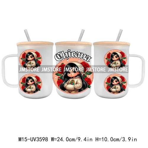 Cartoon Chicano Girls Rose UV DTF Glass Can Wrap For 15OZ Mug Coffee Cup Transfer Sticker DIY Custom Logo Labels Mexican Culture