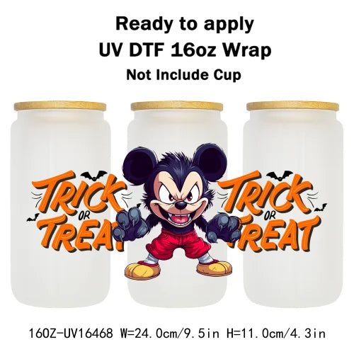 Cartoon Mouse Halloween Trick Or Treat UV DTF Stickers Ready To Transfer Cup Wrap Custom Prints For Libbey Can Glass Tumbler Mug