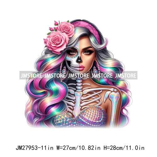 Raninbow Diamond Glamor Latina Skeleton Woman Rose Chicana  Earing Girls DTF Iron On Heat Press Transfer Stickers For Clothes