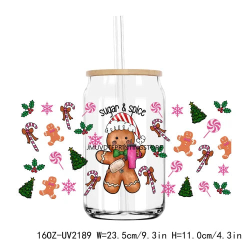 Merry Christmas Glitter Gingerbread UV DTF Sticker For 16OZ Libbey Glass Cup Can Wrap Transfer Sticker Custom Labels DIY Logo