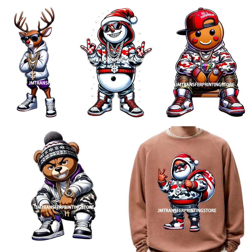 Cool Streetwear Winter Bear Crew Christmas Santa Snowman Reindeer Gingerbread DTF Transfers Stickers Ready To Press For T-Shirts