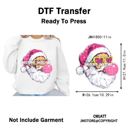 Pink Cartoon Glasses Coffee Drink Leopard Blowing Santa Claus Christmas Iron on DTF Transfer Stickers Ready to Press for T-shirt