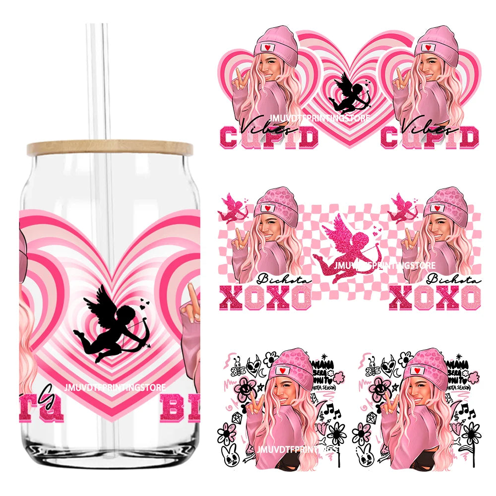 Pink Valentines Bichota Cupid Vibes 16OZ UV DTF Cup Wrap Transfers Stickers Custom DIY Waterproof Logo For Libbey Glass Can XOXO