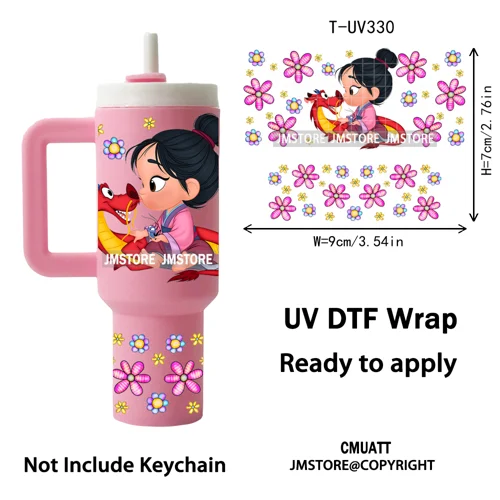 Watercolor Little Girl Cartoon Princess Flowers UV DTF Wraps Ready To Use Transfer Stickers Waterproof For Mini Tumbler Keychain