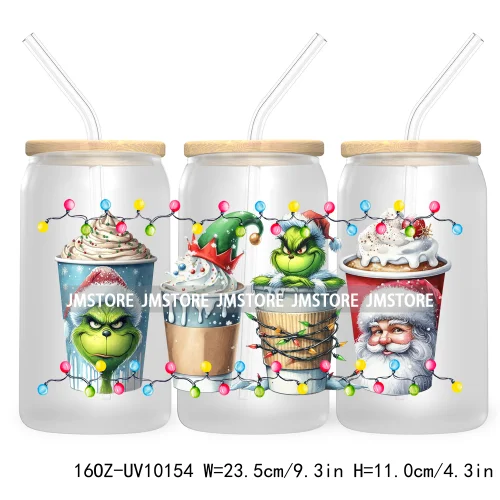 Christmas Coffee Cups Green Guy 16OZ UV Cup Wrap DTF Transfer Stickers For Libbey Glass Can Cup Tumbler Waterproof Label Cartoon