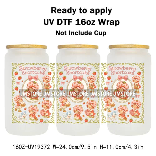 Strawberry Girls Cartoon Magic Mirror UV DTF Transfer Sticker Cup Tumbler Wrap For 16OZ Libbey Glass Wraps Bottle Mug DIY Labels