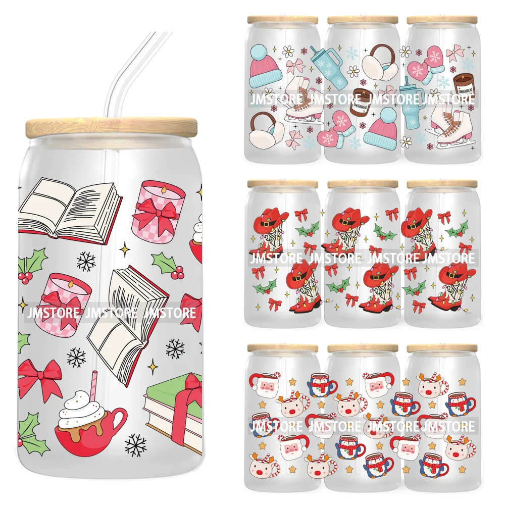 Book Lover Merry Christmas Bow UV DTF Cup Wraps Transfers Sticker For 16OZ Libbey Glass Can Xmas Cheer Coffee Cup Winter Basics