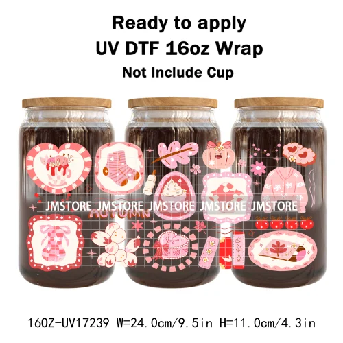 Bookish Autumn Fall Coquette Pumpkins Season UV DTF Wraps Transfer Sticker Selfadhesive Waterproof For 16OZ Libbey Glass Can Mug