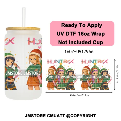 Christmas Edition Kpop Demon Festive Anime Girls UV DTF Stickers Ready To Apply Cup Wrap High Quality For 16OZ Libbey Can Glass
