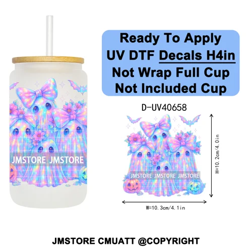 Iridescent Ghost Pumpkin Coquette Halloween UV DTF Transfer Stickers Decals Ready To Apply Waterproof For 16OZ Libbey Glass Can
