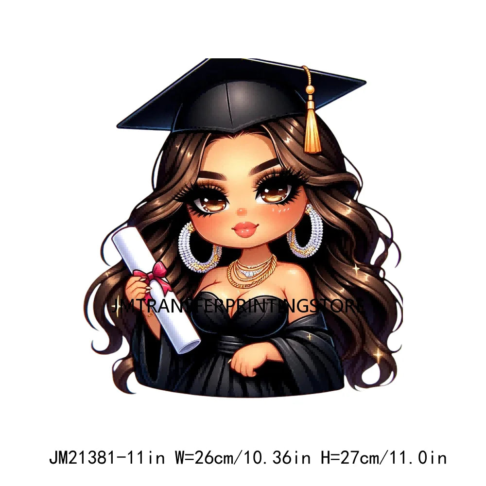 Cool Pretty Chibi Latina College Graduation Girls Educated Diploma Iron On DTF Transfer Stickers Ready To Press For T-shirts