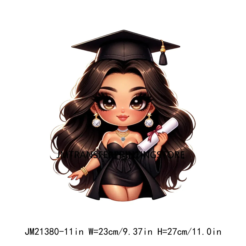 Cool Pretty Chibi Latina College Graduation Girls Educated Diploma Iron On DTF Transfer Stickers Ready To Press For T-shirts