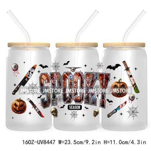 Halloween Characters 16OZ UV DTF Cup Wrap Transfer Sticker Custom Label Waterproof Logo For Libbey Glass Can Spooky Horror Movie