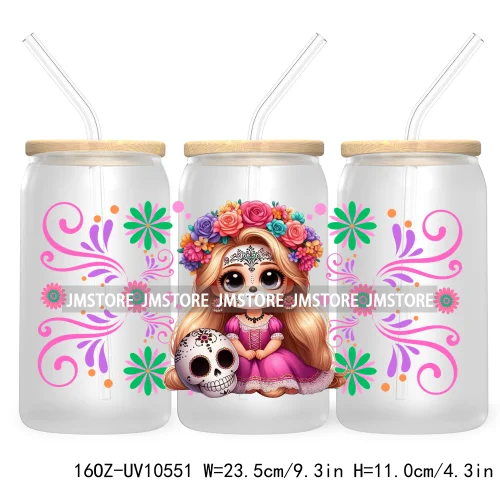 Dia De Los Muertos Mexican UV DTF Sticker For 16OZ Libbey Glass Cup Can Wrap Transfer Stickers Hispanic Halloween Sugar Skulls