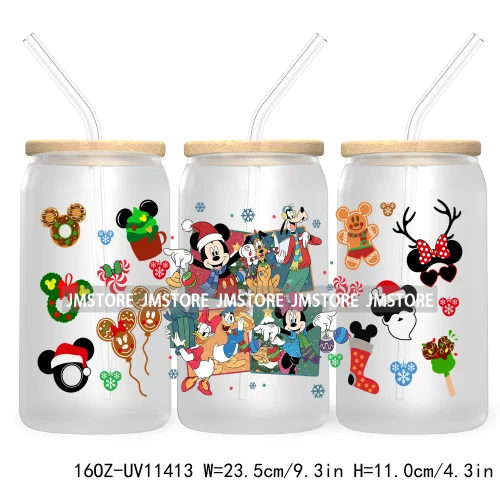 Merry Christmas Cartoon Couple 16OZ UV DTF Cup Wrap Ready To Apply For Libbey Glass Can Cup Tumbler Gingerbread Candy Cane Mouse