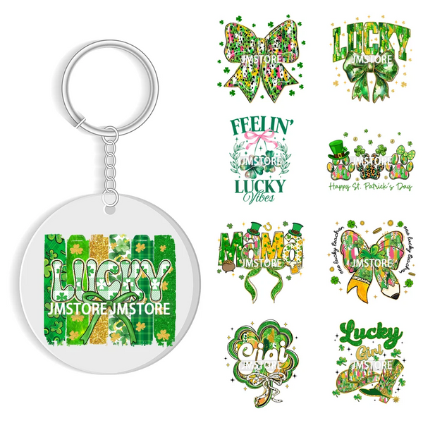 Faux Glitter Lucky Shamrock Coquette St. Patrick's Day WaterProof UV DTF Stickers For Round Circle Acrylic Keychain Key Ring