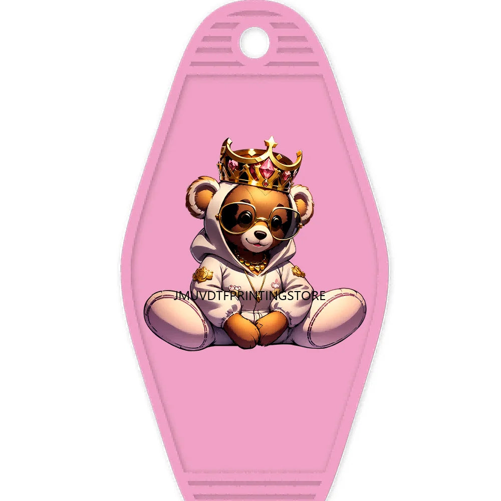 Cute Cat Girl Teddy Bears King High Quality WaterProof UV DTF Sticker For Motel Hotel Keychain Pink Cartoon Animals