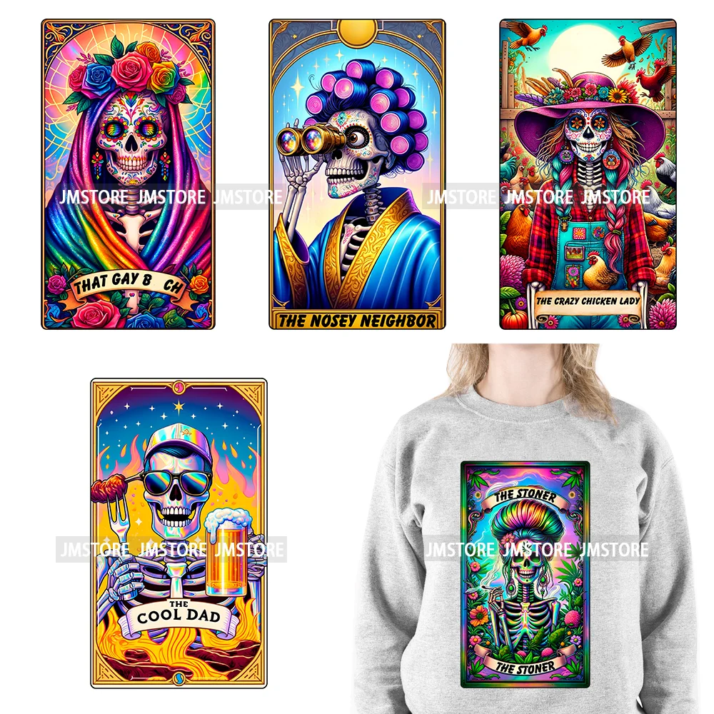 Colorful Cool Dad Mom Stoner Amercian Girl Idgat Skeleton Lover Tarot Card DTF Iron On Heat Press Transfer Stickers For Clothing