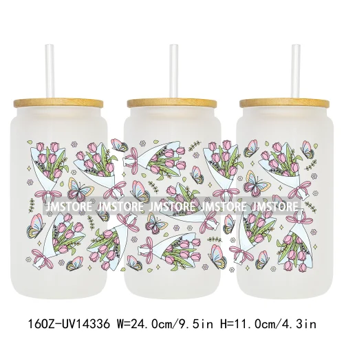 Butterfly Spring Flowers Coquette 16OZ UV DTF Cup Wraps Ready To Apply Waterproof Transfer Stickers For Libbey Glass Can Tumbler