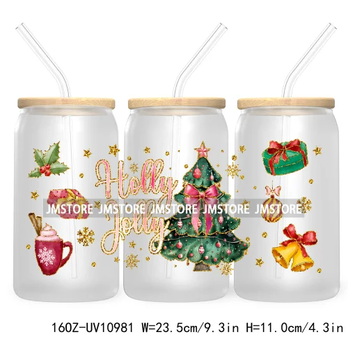 Coquette Glitter Holly Jolly Christmas Tree UV DTF Cup Wrap For Libbey Glass Can Transfer Stickers Waterproof Custom Labels Gift