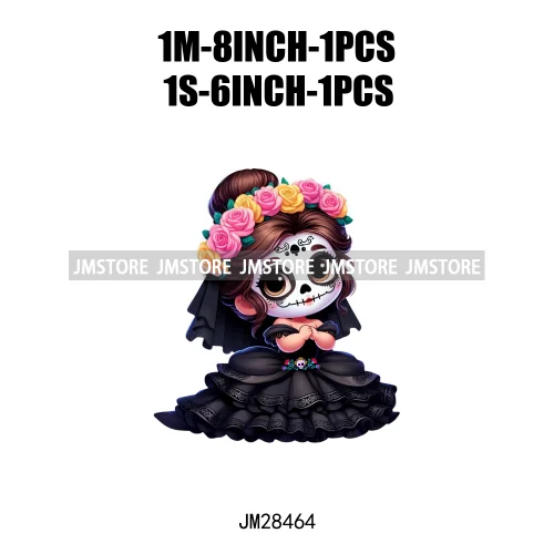 New Day Of The Dead La Catrina Dresses Girls Skull Flower Iron On DTF Transfers Stickers Ready To Press For Sweatshirt Bags