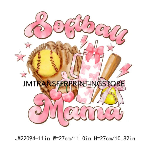 New Baseball Softball Sport Coquettee Mama Decals Pink Ribbon Bow Stanley Tumbler Iron On DTF Transfer Stickers For Sweatshirt