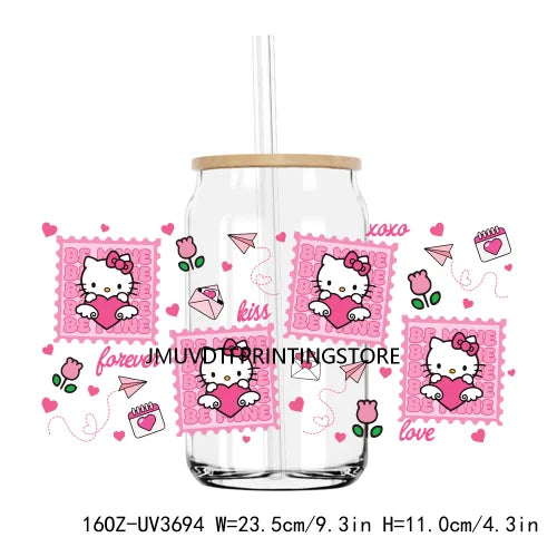 Cartoon Hello Girl Cat Valentine's Day UV DTF Sticker For 16OZ Libbey Glass Cup Can Wrap Transfer Sticker Custom Labels DIY Logo