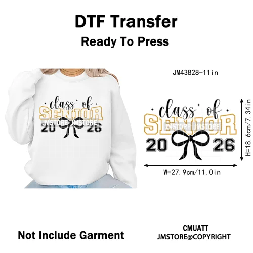 2026 Varsity Graduate Season College Senior Year Bow Iron on Washable DTF Heat Transfers Stickers Ready to Press for Sweatshirts