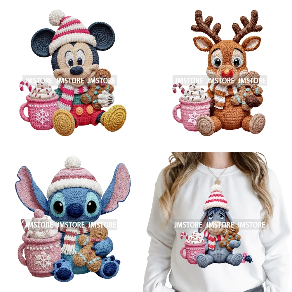 Hot Cocoa Coffee Lover Cartoon Faux Yarn Christmas Xmas Iron on Washable DTF Transfers Stickers Ready to Press for Sweatshirts