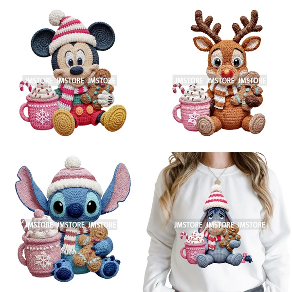 Hot Cocoa Coffee Lover Cartoon Faux Yarn Christmas Xmas Iron on Washable DTF Transfers Stickers Ready to Press for Sweatshirts