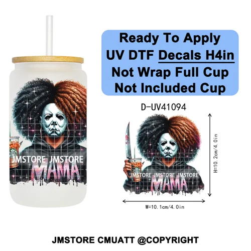 Scary Movie Character Afro Girls Halloween UV DTF Transfer Stickers Decals Ready To Apply Waterproof For 16OZ Libbey Glass Can