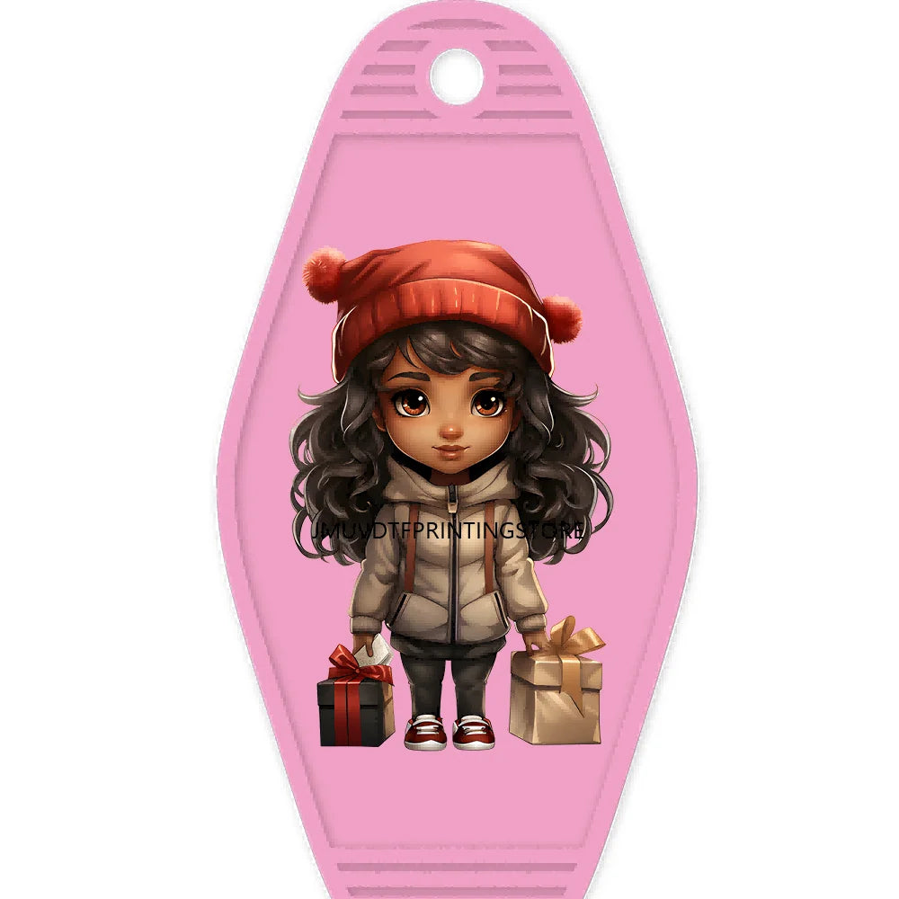 Merry Christmas Little Girls With Santa Hat High Quality WaterProof UV DTF Sticker For Motel Hotel Keychain