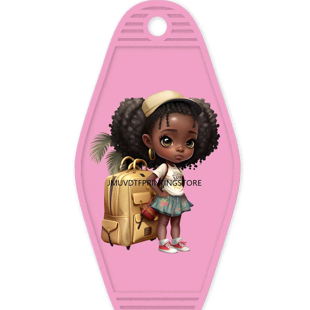 School Melanin Black Girls With Luggage High Quality WaterProof UV DTF Sticker For Motel Hotel Keychain Afro Children